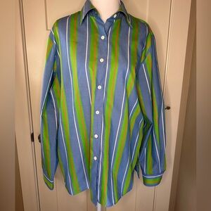 Wrinkle Free Classic Blue Green Stripe Button Down Shirt Size 12